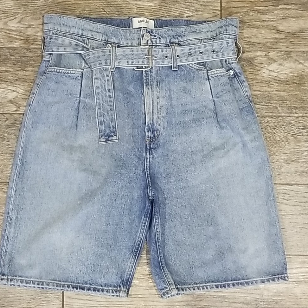 Agolde Light Blue High-Waist Denim Jean Shorts with Belt